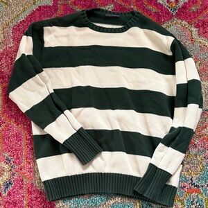 Brandy Melville Green and Cream Striped Crewneck Sweater